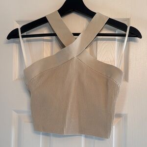 Babaton Beige Ribbed Cross-Back Crop Top
